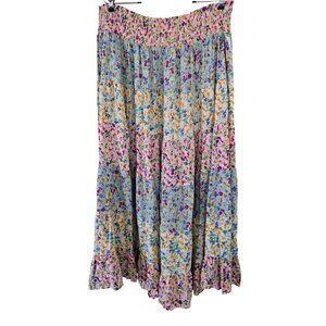 Floral Maxi Skirt Elastic Waist Plus Size Multicolor Rayon tiered lagenlook boho